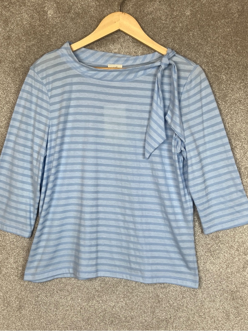 J Jill Shirt Womens Large Blue Stripe Tie Neck 3/4 Sleeve Pullover Stretch-5370